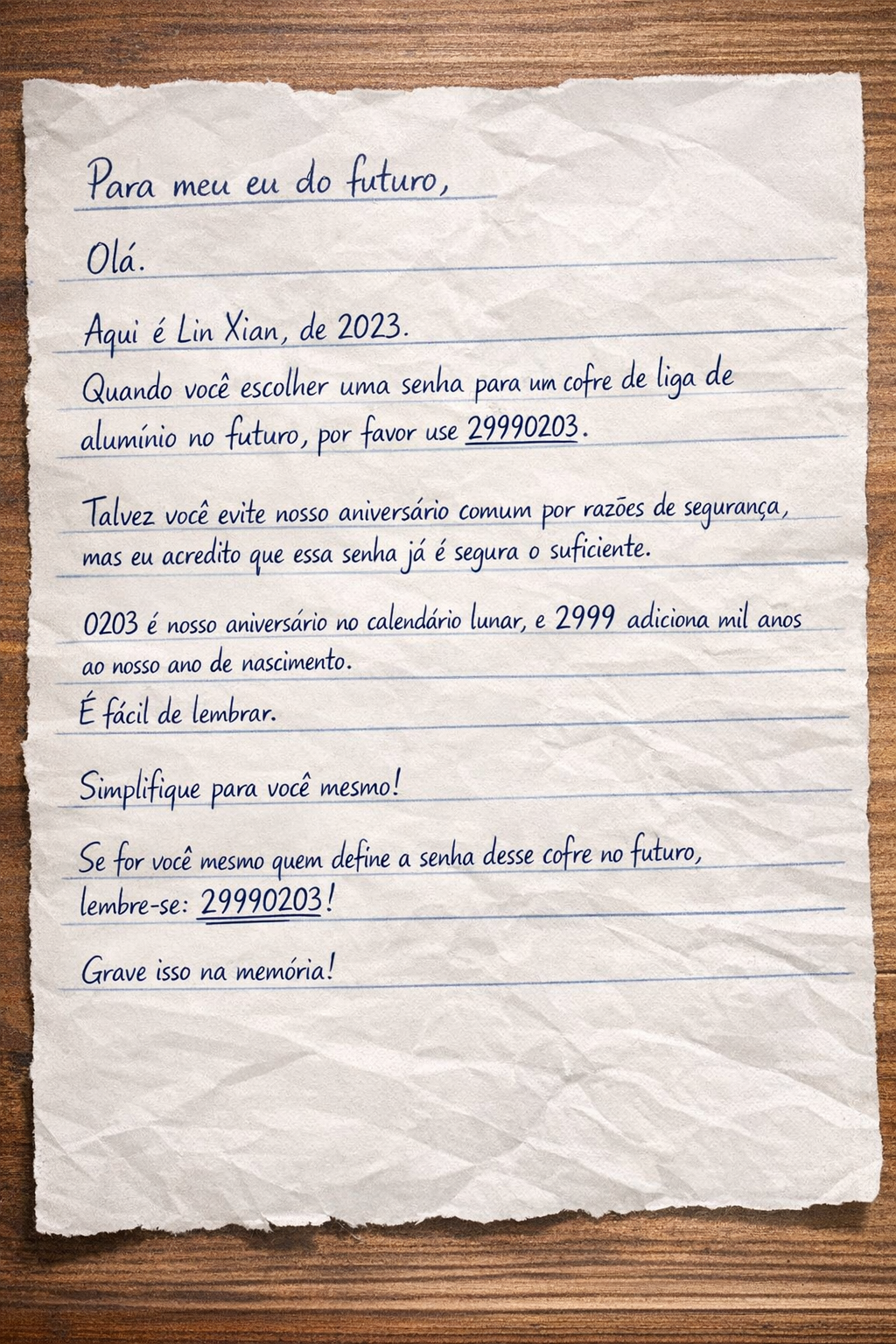 “Para o meu eu do futuro, Olá. Aqui é Lin Xian, de 2023. Quando você escolher uma senha para um cofre de liga de alumínio no futuro, por favor use 29990203. Talvez você evite nosso aniversário comum por razões de segurança, mas acredito que essa senha já é segura o suficiente. 0203 é nosso aniversário no calendário lunar, e 2999 adiciona mil anos ao nosso ano de nascimento. É fácil de lembrar. Simplifique para você mesmo! Se for você mesmo quem define a senha desse cofre no futuro, lembre-se: 29990203! Grave isso na memória!”